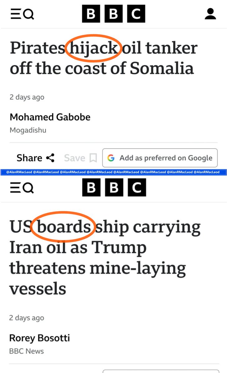 MohsinAzeem15's tweet image. The power of framing!
​Same action, different words. One is labeled a "Hijack," while the other is a polite "Boarding." This is a classic example of how mainstream media shapes perception through biased vocabulary.
​#MediaLiteracy #Propaganda #DoubleStandards @BBCBreaking