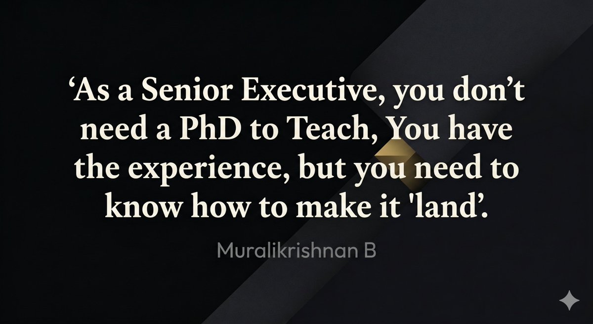 hawkeye's tweet photo. I thought my transition into the Academic world would be easy. After all, I had the experience, and frankly, how hard can teaching be?

I was wrong. Knowing something and being able to teach that to a large group of students in a Classroom are two very different things.

India needs more educators who come from the industry. Indian Management education would be richer with a trained group of teachers who can blend theory and practice, rigor and relevance, help people think in terms of frameworks, but focus on the action and outcomes. 

We need to build a large pool of 'Pracademics' to enhance the quality and impact of management education in India.

At the International Institute for Faculty & Research, we aim to make a difference with the 8-day Educator Certificate program meant for senior professionals and executives who want to bring their experience back into the classroom.

https://t.co/FcqgUtbYCO

As a Senior executive, you do not need a PhD to teach. You have the experience; the next step is to learn how to make it land.

https://t.co/Kn3tT0emFP

#Pracademics #IIFR #Education #BSchools #Management #Experience #Teaching #Classroom
