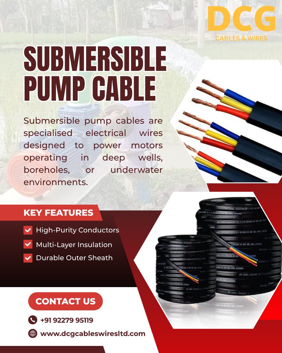 DCGCables's tweet image. Designed to perform below the surface, DCG Cables &amp;amp; Wires’ Submersible Pump Cables deliver durable insulation, efficient power flow, and reliable operation in the toughest conditions.

#ELASIA2026 #ElectricalIndustry #ElectricalBusiness #PowerIndustry #DCGCables #electric #wire