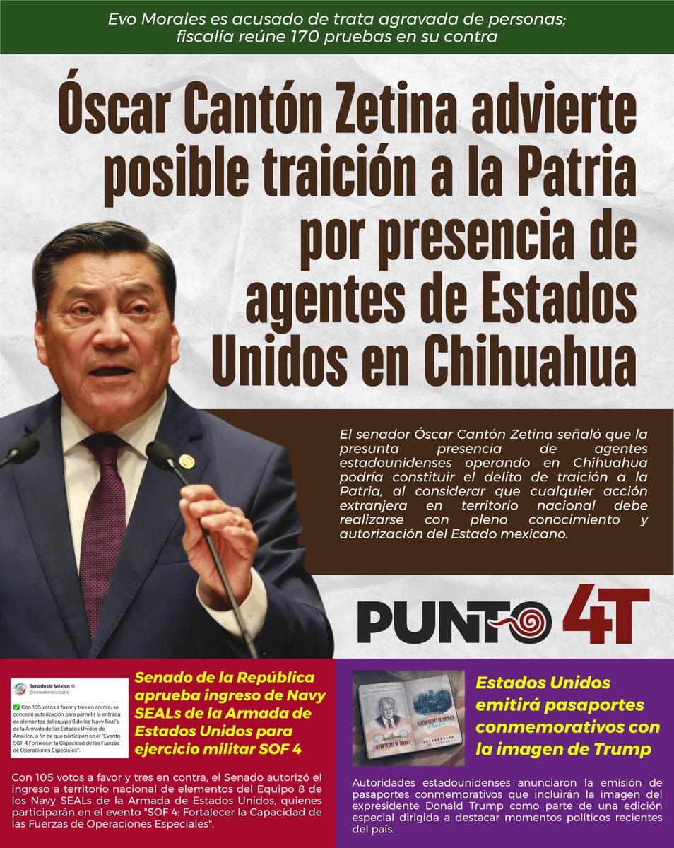 Punto4T's tweet image. #EnPortada 📷📆29 de abril 2026 📷Edición 700

🇲🇽🇺🇸Sheinbaum: Renuncia de fiscal de Chihuahua no cierra investigación sobre agentes de EU

🇲🇽🇺🇸Óscar Cantón Zetina advierte posible traición a la Patria por presencia de agentes de Estados Unidos en Chihuahua

#ClaudiaSheinbaum