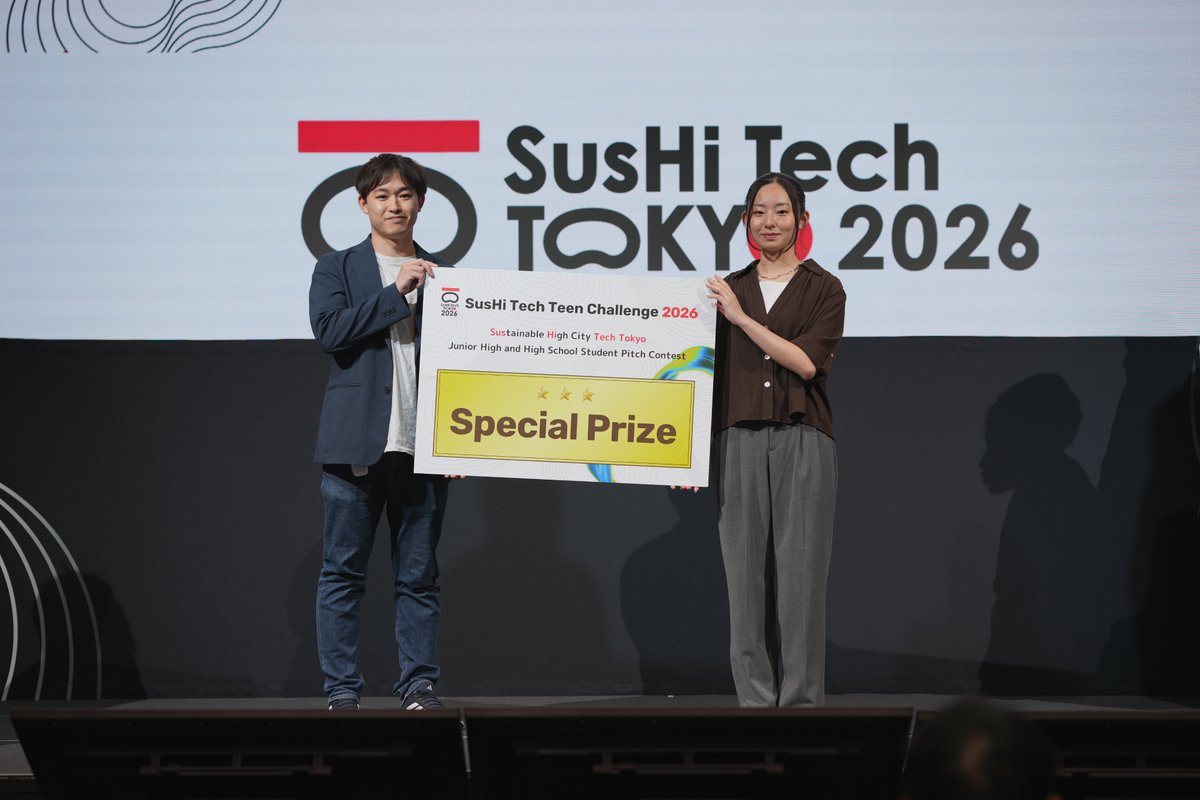 SusHiTech_eSG's tweet photo. 🏆【速報｜SusHi Tech Teen Challenge 2026 優勝者決定！】
 
 全国の中高生が社会課題解決アイデアを競ったピッチコンテストついに優勝者が発表されました🎉
栄えある優勝に輝いたのは―― 
名城大学附属高等学校　野田 樹里さん✨

 ファイナリストたちの熱いプレゼンと挑戦の姿に、大きな拍手が響きました👏
 
 #STT2026  #みんなでスシテック #パブリックデイ #SusHiTechTeenChallenge