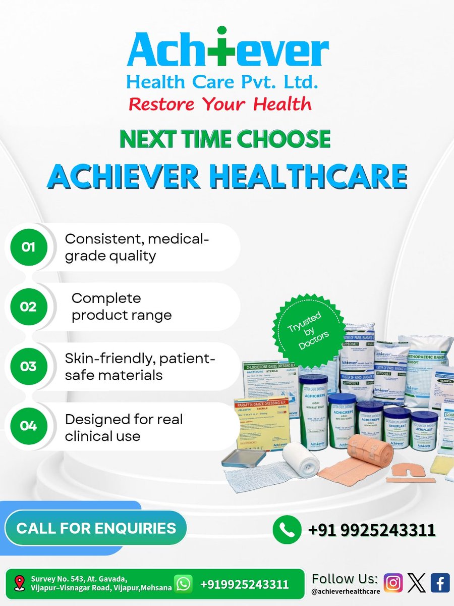AchieverHealth's tweet image. At Achiever Healthcare, we focus on complete wound care solutions designed to support every stage of healing helping healthcare providers improve outcomes with confidence.

Make better product choices. Improve patient outcomes.

#InfectionControl #HospitalSupplies #WoundCare