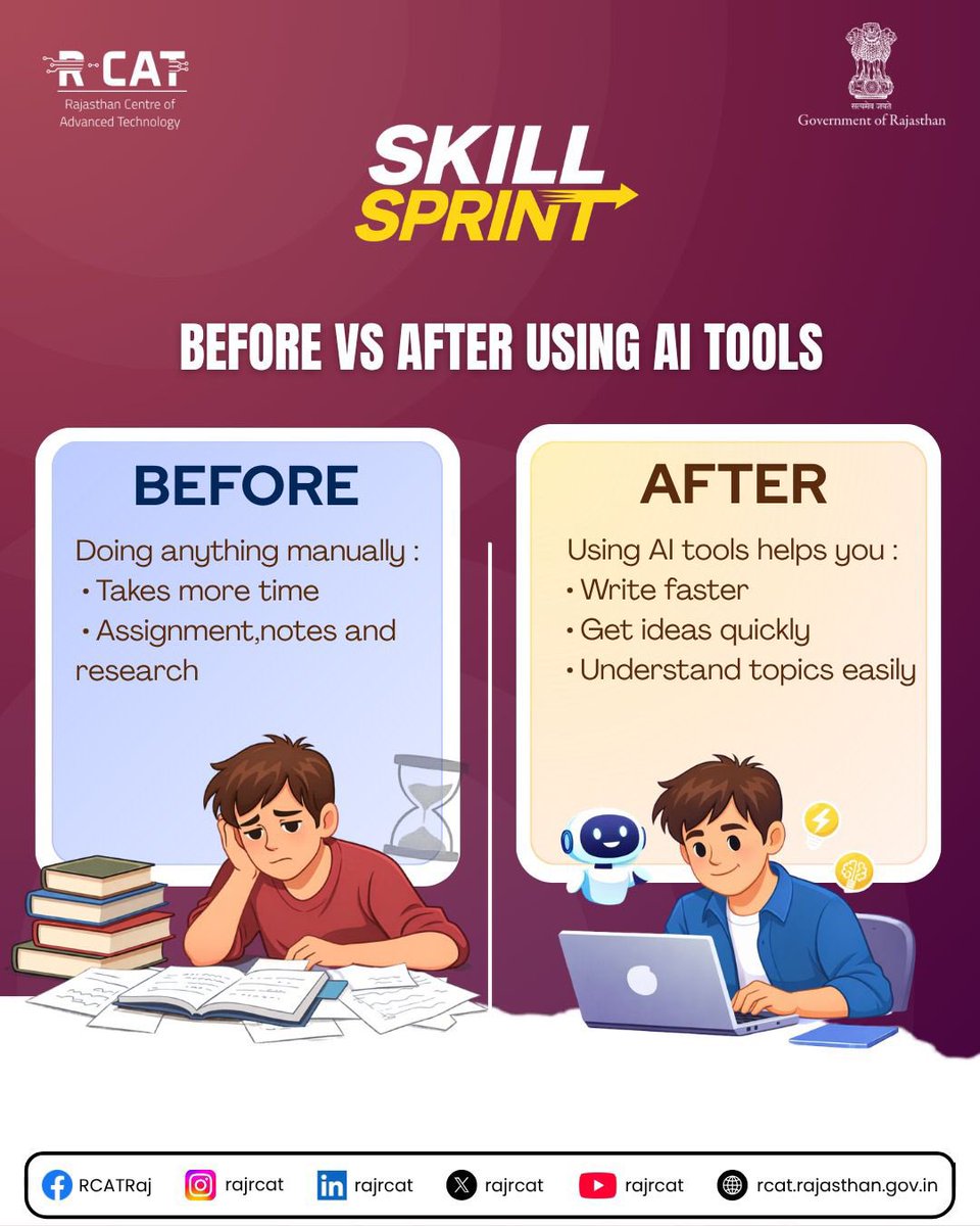 rajrcat's tweet image. Stop struggling the hard way—upgrade the smart way.
From time-consuming tasks to faster, smarter learning, AI tools are changing how students grow and succeed.

Start your Skill Sprint with R-CAT today.

#RCAT #SkillSprint #AITools #SmartLearning #FutureSkills #StudentSuccess