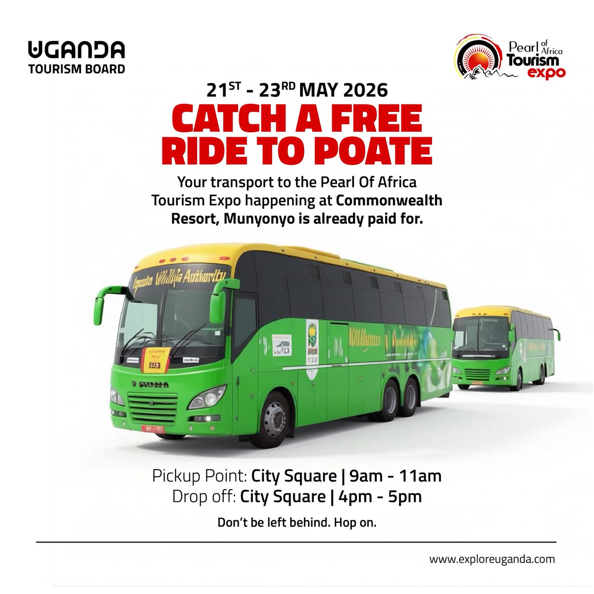 TourismBoardUg's tweet image. Transport wo to #POATE2026 and back bamusasudde🥳🥳

Don’t miss out on being part of Uganda’s biggest tourism expo from the 21st -23rd May, 2026🔥

Pick up point: City Square | 9:00 -11:00 am each day of the expo🥳

#ExploreUganda | #Wanderlust