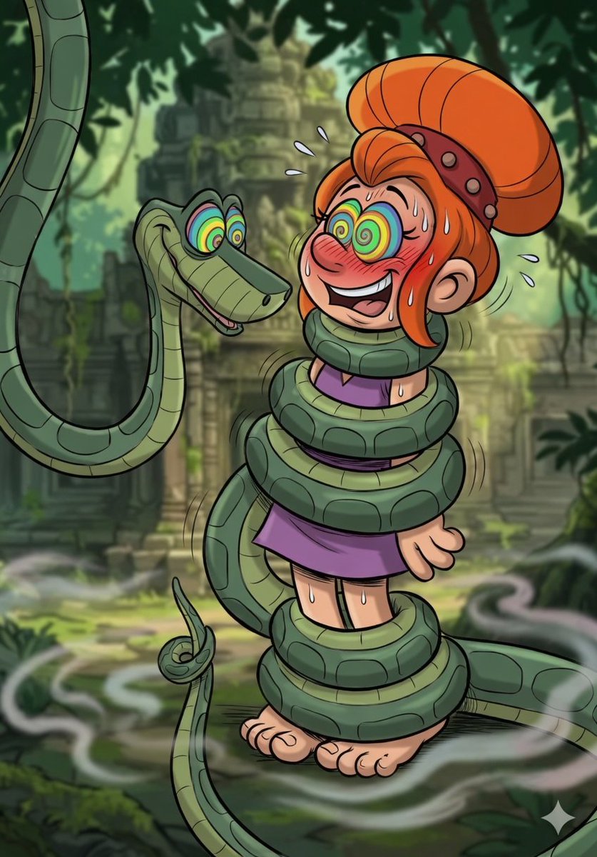 OzzyZapp24751's tweet photo. @martinez_r53033 Here's more of Petula from The Smurfs cartoon crossover with Kaa the snake from The Jungle Book hypnotized wrapped up coils squeezed animated movie https://t.co/N3ADCCj7yD