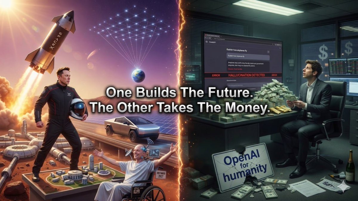MasterShiller28's tweet photo. $SCAM One builds the Future, the other one deceives and lies for money. 

@elonmusk @ScamAltmanCTO @sama https://t.co/kcBwuS8bga