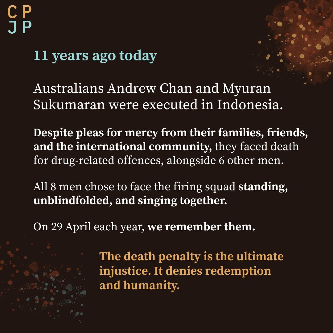 cpjp_org_au's tweet photo. 11 years ago today, eight men faced the firing squad in Indonesia, including Australians Andrew Chan and Myuran Sukumaran. They chose to stand, unblindfolded, and sang together in their final moments. We will never forget them. #AndrewChan #MyuranSukumaran #11YearsOn https://t.co/Lv6AzZA1Te