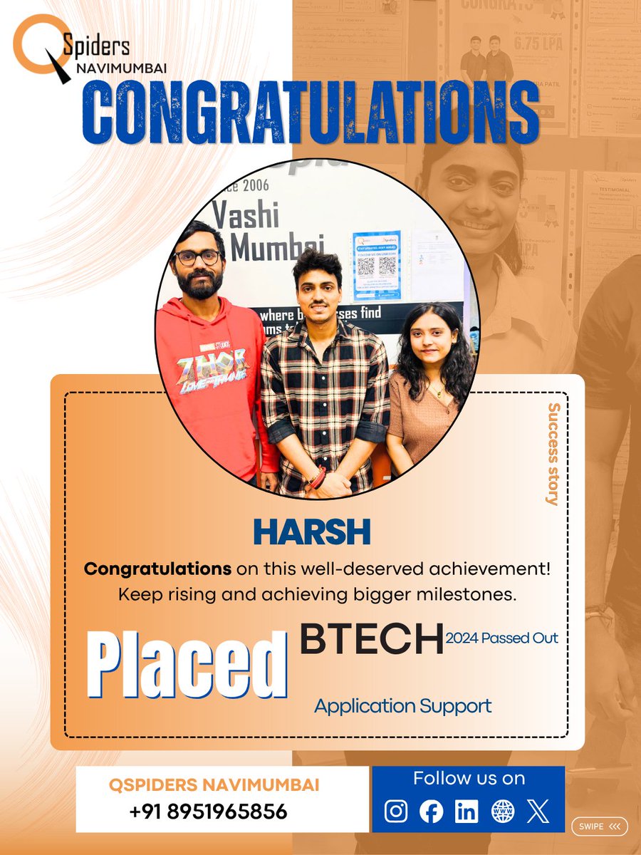 Qsp_NaviMumbai's tweet photo. From learning to earning! 🚀
Big congratulations to Harsh on his placement in Application Support 👏
Your journey is just getting started—keep shining! ✨
#PlacementDrive #SuccessJourney #ApplicationSupport #CareerStart #QSpidersSuccess #TechIndustry #HardWorkPaysOff #Achievers https://t.co/x2rJVi4kTs