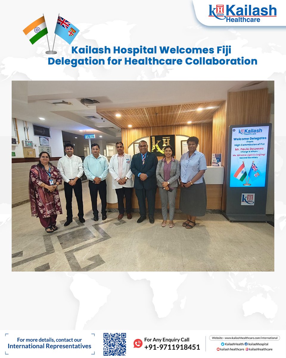 KHIndia_'s tweet photo. Kailash Hospital &amp; Neuro Institute hosted a delegation from the Fiji High Commission a formal visit &amp; discussions on potential healthcare collaboration. Meeting concluded with mutual agreement towards signing an MoU, reflecting shared interest in strengthening medical cooperation https://t.co/Omr8qbNl6V