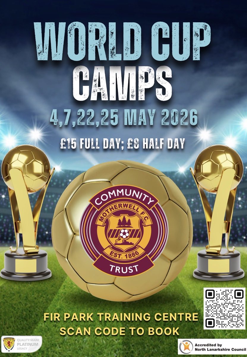 MFCTrust's tweet photo. Join us at @MotherwellFC Fir Park Training Centre for our May World Cup Camps. 
Book now as places are filling quickly: https://t.co/nBulm69ePS https://t.co/kxP1MHZdcs