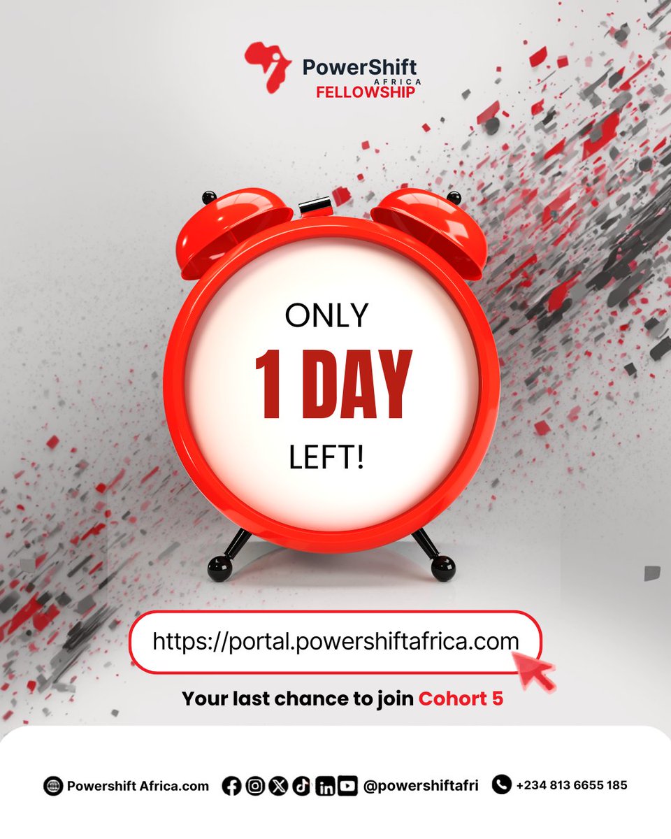 powershiftafri's tweet photo. ONLY 1 DAY LEFT!” 
This is it. No more “I’ll do it later.

The Power Shift Africa Fellowship is  where young Africans are equipped to lead, influence, and create real change.

Don’t miss this.
Apply now: https://t.co/CvaRhplhMY

#PowerShiftAfrica #PSAFellowship #LastCall https://t.co/46lNPgoLDA