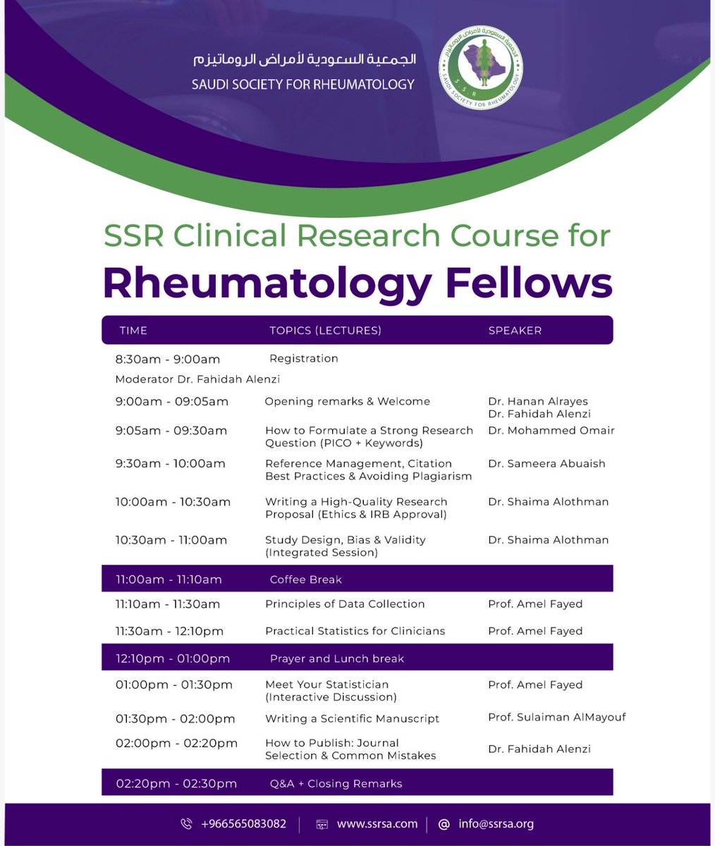 ssrsa_org's tweet image. The Saudi Society for Rheumatology successfully conducted the SSR #Clinical_Research_Course for #Rheumatology_Fellows 🇸🇦
An engaging program focused on strengthening research skills—from formulating research questions to scientific writing and publication.
#SSR #Rheumatology