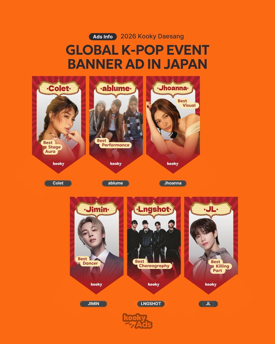 kooky__official's tweet photo. [📣 Ads Info]
🎪Global K-POP Event Large Screen Ad in Japan
🔗https://t.co/8OHJWikgNw

🏆 Kooky Daesang 2026
#ablume
#BINI #Jhoanna
#BTS #JIMIN
#LNGSHOT
#BINI #Colet
#AHOF #JL

🌟 April Bday/Star
#ENHYPEN #JAY
#AHOF #PARKHAN https://t.co/hLYCfn0ErJ
