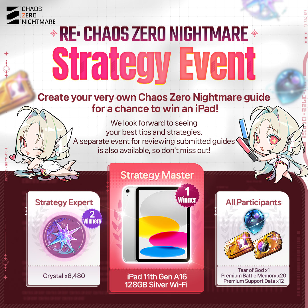 CZN_Official_EN's tweet photo. ◤RE: CHAOS ZERO NIGHTMARE Strategy Event◢

Create your #ChaosZeroNightmare guide for a chance to win an iPad!
We look forward to seeing your best tips and strategies.
A separate event for reviewing submitted guides is also available, so don't miss out!

▼View Details▼
https://t.co/NBbedELwAS