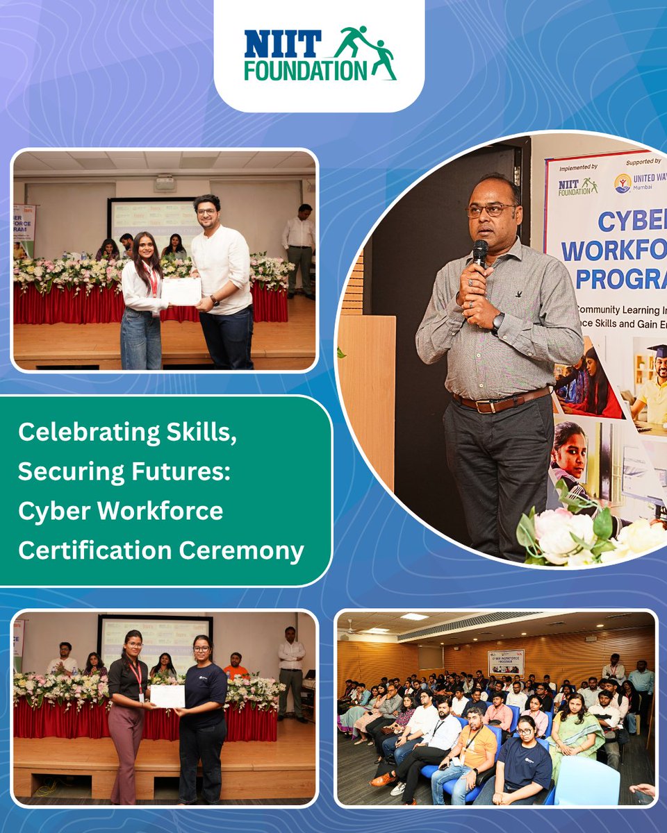 NIIT_Foundation's tweet photo. Cyber Workforce Program Certification Ceremony | Empowering the Future of Cyber Talent ✨

NIIT Foundation proudly hosted the Cyber Workforce Program Certification Ceremony at Chandrabhan Sharma College, Powai. The event brought together an esteemed panel of industry leaders and partners whose presence added immense value to this milestone occasion. 

A proud moment for all of us, 60 students successfully completed the program, marking the beginning of their journey into the dynamic field of cybersecurity. This initiative goes beyond certification—it reflects a shared vision of strengthening India’s digital workforce by equipping youth with critical cybersecurity skills, industry-relevant knowledge, and the confidence to navigate evolving technological landscapes.

Together, we are not just building careers—we are shaping a safer, more resilient digital future.

#CyberWorkforceProgram #NIITFoundation #CyberSecurity #DigitalSkills #SkillIndia #EmpoweringYouth #IndiaSkilling