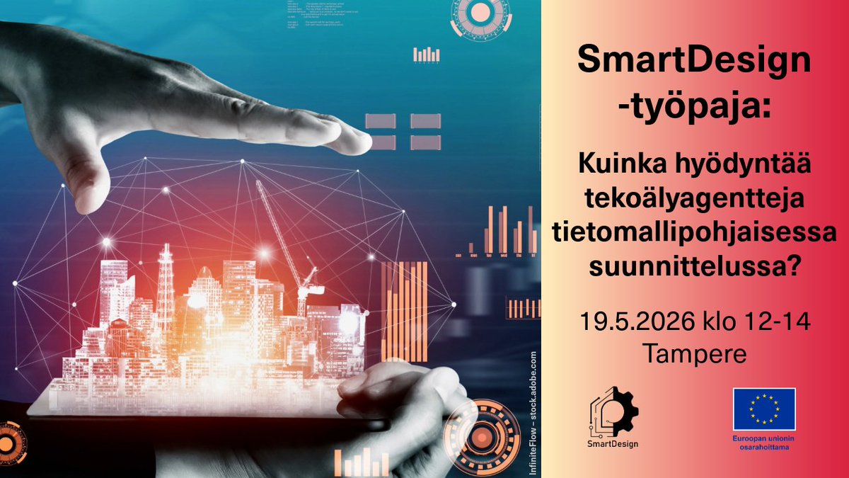 CorelabLive's tweet image. Vielä ehdit ilmoittautua mukaan #SmartDesign-työpajaan: Kuinka hyödyntää tekoälyagentteja tietomallipohjaisessa suunnittelussa? tiistaina 19.5.2026 kello 12–14 Tampereella!
Lue lisää ja ilmoittaudu: projects.tuni.fi/smartdesign/ta… 
@pirkanmaan_liit @hameenliitto #EUosarahoittama