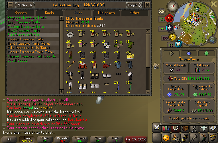 TxunaTuna's tweet image. ELITE CLUES GREEN LOGGED at 6439 Elites! That also includes the Lava Dragon Mask and Ring of Nature btw. #osrs #oldschoolrunescape