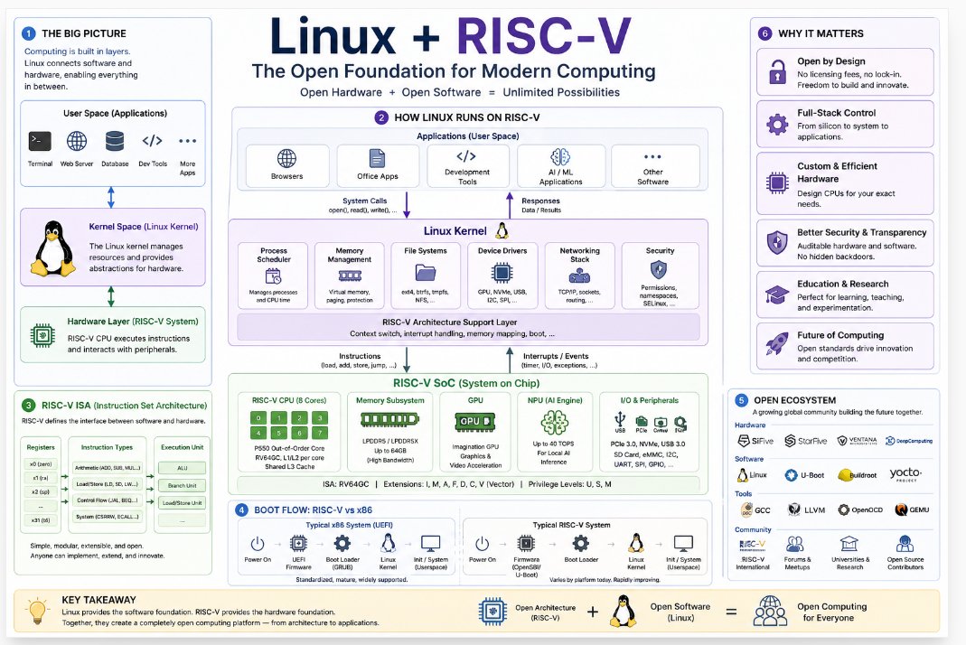 Linux + RISC-V is the first real attempt at a fully open computer.

Open software.
Open hardware.

No lock-in.