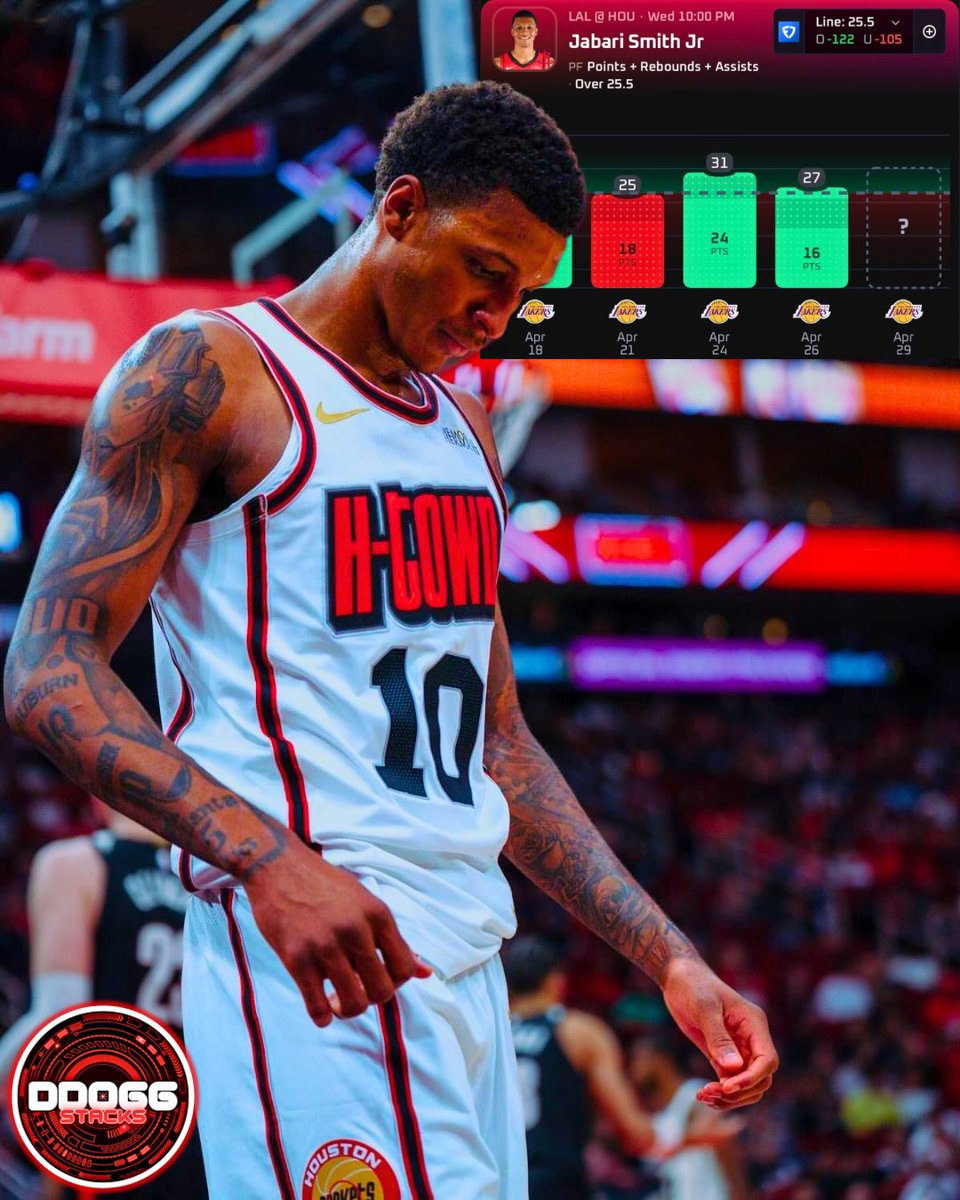 🏀 NBA Play (4/29)

Jabari Smith o25.5 Points + Rebounds + Assists
#AllFire

Collab with <a href="/trevgotapick/">ŁÜKÂŠ ŁÔĆKŠ Ⓜ️</a> 🤝

In the four games of this series, Smith has posted PRA totals of 28, 25, 31, and 27; clearing this line in 3 of 4 contests while averaging 27.75 PRA per game. His lone miss