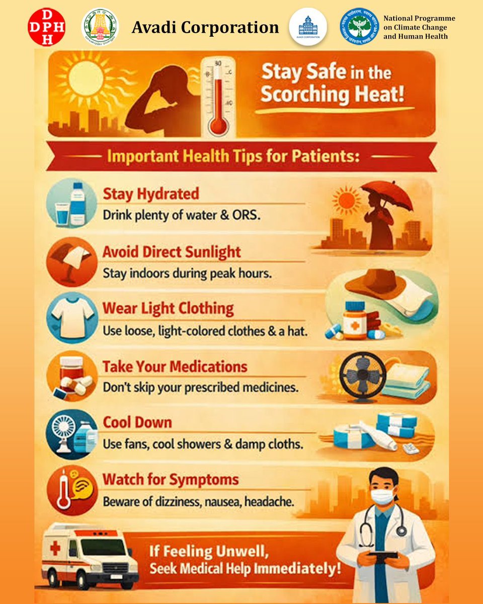 Avadi_Corp's tweet image. Stay Safe in the Scorching Heat!

#வெப்பம் # வெப்பஅலை #Awareness #summer #Heat #stroke #கோடை #Hot #wave #session #Avadi #Healthcare AvadiCorp #ஆவடி #மாநகராட்சி @TNDPHPM