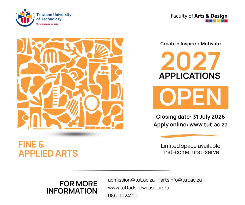 HeitaT's tweet image. Heita!

Create without limits. 
 
Closing date: 31 July 2026
Apply online: tut.ac.za
 
#FineArts #TUT #CreativeJourney #ArtStudents #ApplyNow