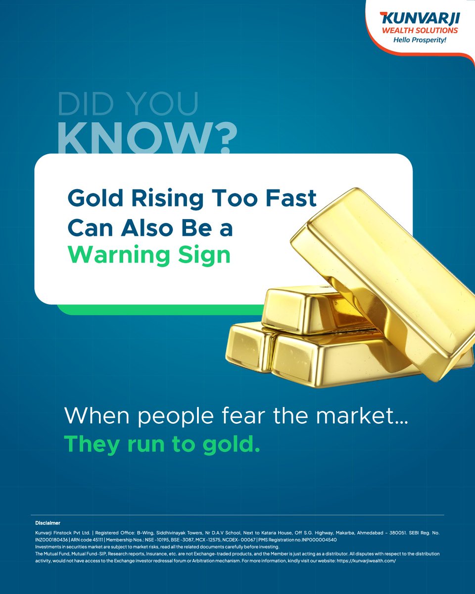 KunvarjiWealth's tweet image. When gold rises rapidly, it’s not just about returns, it’s often about fear in the market.

Gold is seen as a safe haven — so when uncertainty increases, investors shift towards it.
But here’s the catch:

#GoldInvestment #MarketTrends #InvestSmart #WealthStrategy #KunvarjiWealth