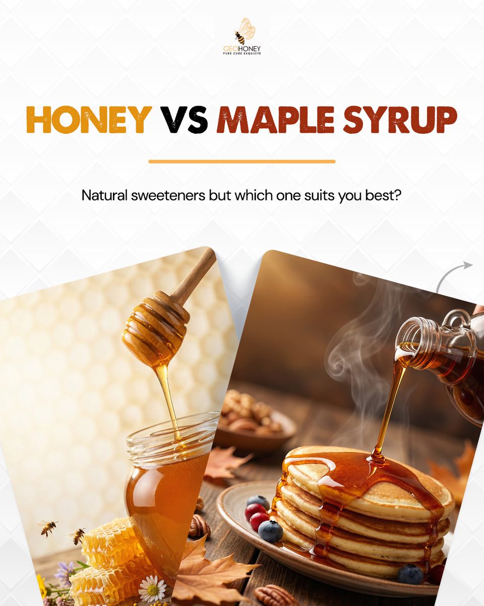 geohoneylovers's tweet image. When it comes to #naturalsweeteners, honey and maplesyrup each bring their own unique benefits.
#Honey is packed with #antioxidants, gut-friendly properties, and supports immunity, while #maplesyrup is rich in minerals and polyphenol antioxidants.
#Geohoney #HealthyLivingChoices