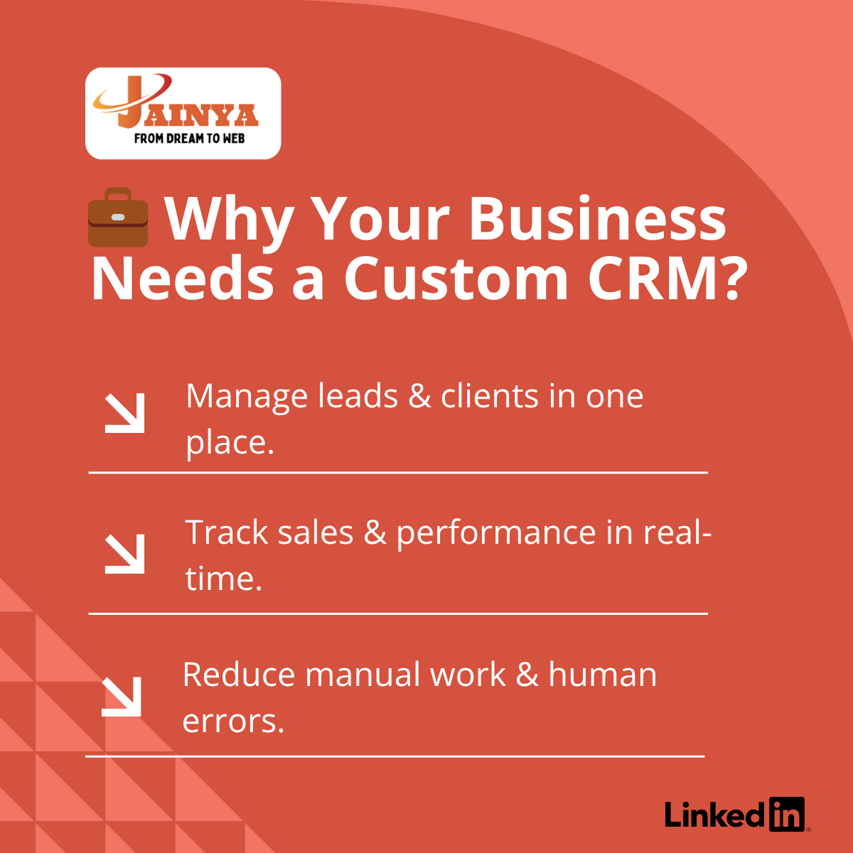 JainyaWeb's tweet photo. 🚀 Still managing leads manually?

Upgrade to a Custom #CRM
✔ Automate tasks
✔ Track sales
✔ Manage clients بسهولة
📈 Work smarter. Grow faster.
Jainya Tele Enterprises Private Limited
🌐 Website: https://t.co/Z6a4z8rzGO
📧 Email: contact@jainya.com
📞 Phone: +91-83181 11351 https://t.co/mt0nWZpI51