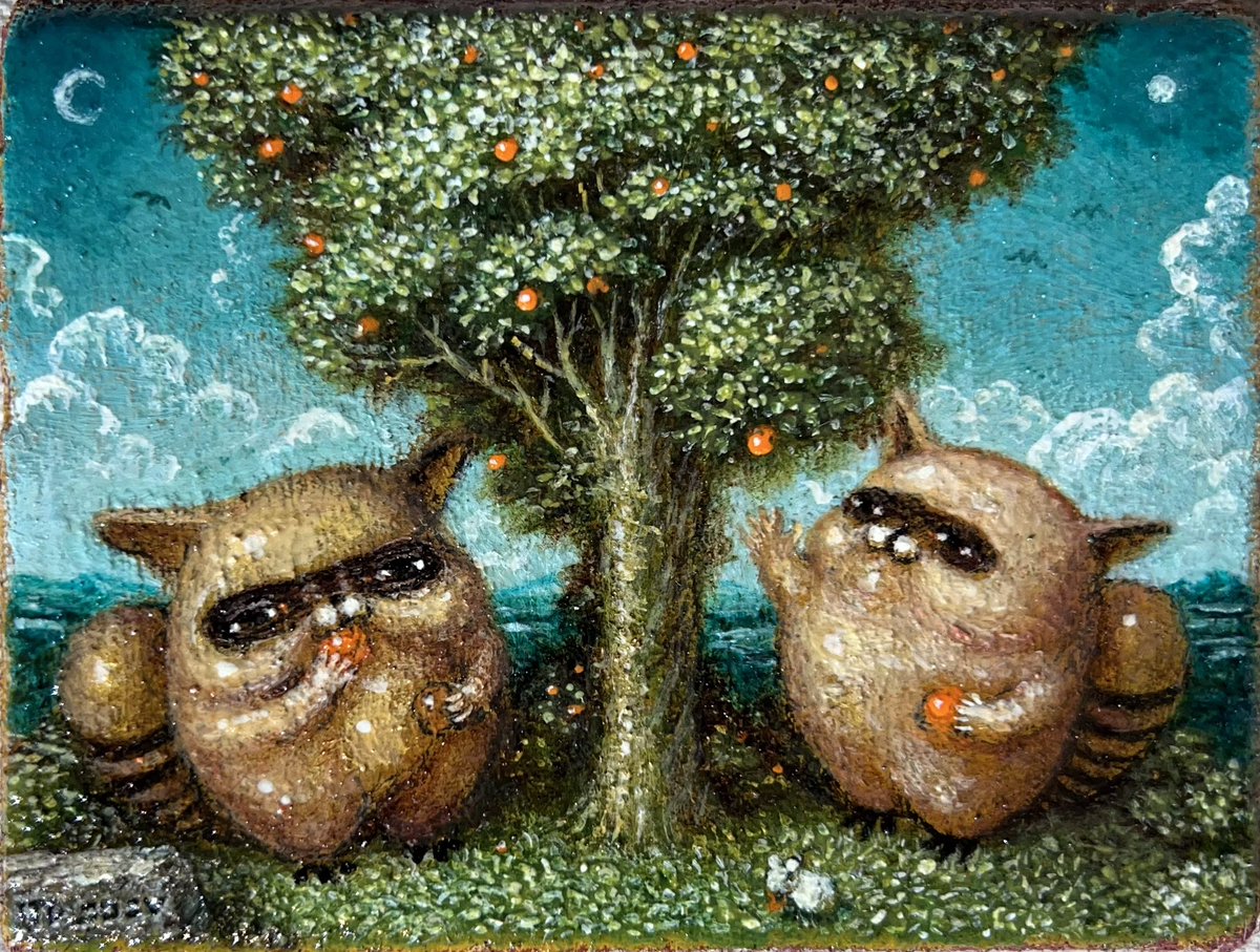 井上大輔先生による絵画なのだけど、たぬきさん達が食べて良い果実な