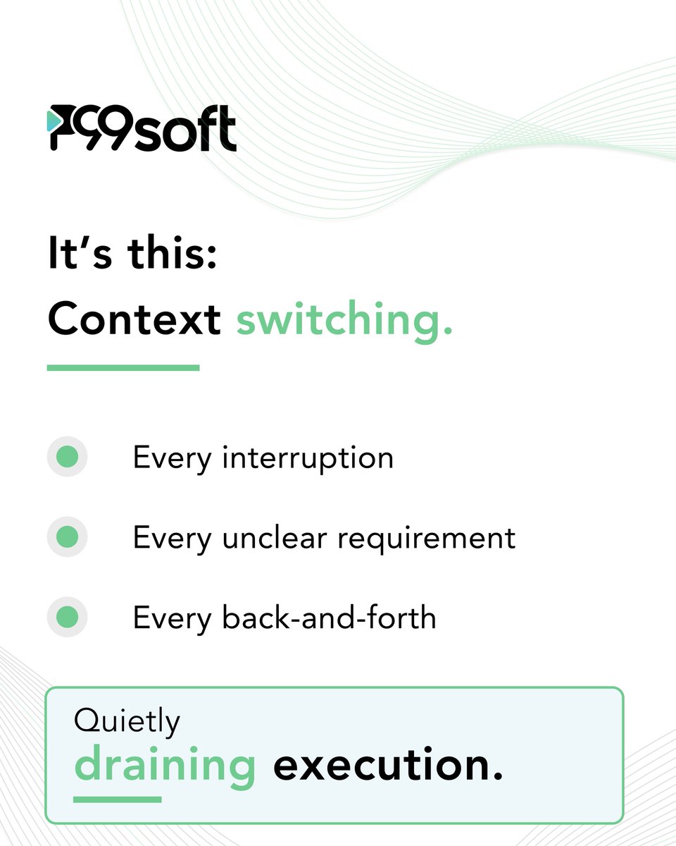 P99soft_Pvt_Ltd's tweet photo. Teams add more to improve execution.
The real problem? Context switching.
Top teams protect focus.
Because focus = multiplier.
#p99soft #productivity #deepwork #engineeringteams https://t.co/qsc372cz7S