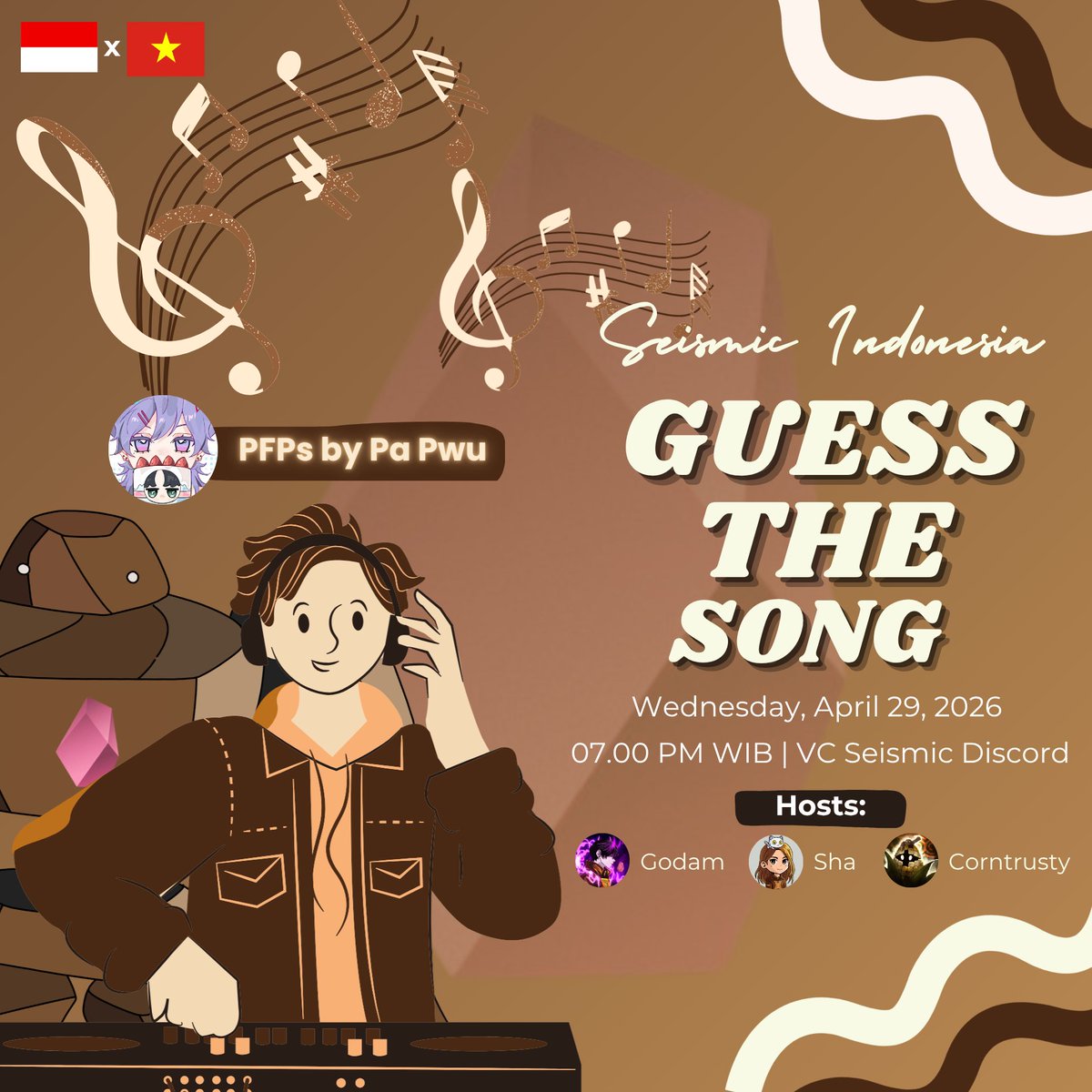 catzhaaa's tweet photo. hi, gmic guys!

i’m hosting Seismic Guess the Song tonight with @0xgodam and @corntrusty.

📅 April 29, 2026
⏰ 7 PM WIB
📍 VC Seismic Discord

curious to see who’s the fastest at guessing songs. 

PFP rewards by @dmh0812

come join and play with us🤎

@NoxxW3 | @xealistt
