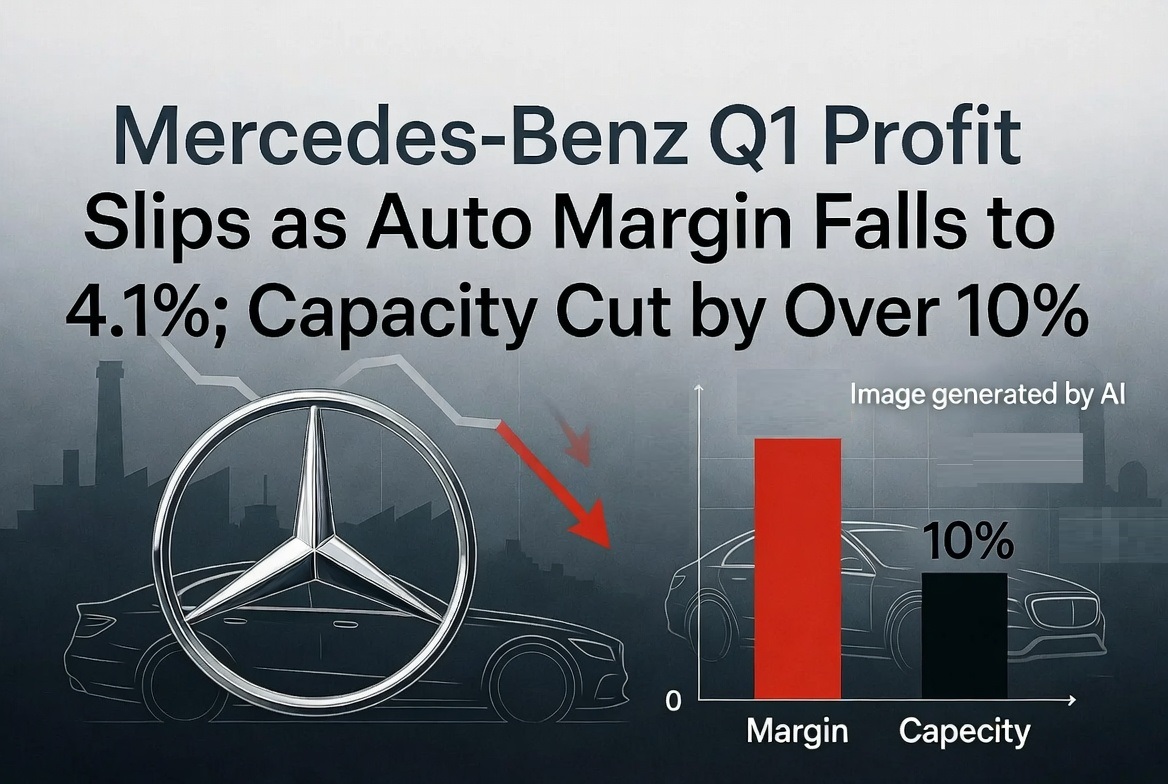 WindInfoUS's tweet image. Mercedes-Benz Q1 EBIT and net profit both -17%; auto margin falls to 4.1% from 7.3%. Revenue -4.9% to €31.6B. Plans &amp;gt;10% global capacity cut to 2.2M vehicles; warns on Middle East conflict and macro risks.  #Mercedes #Revenue