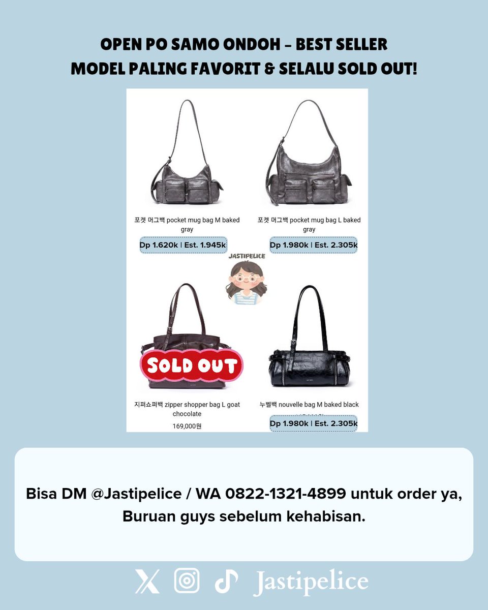 Jastipelice's tweet photo. [HELP RT INA GO 🇮🇩] 

OPEN PO SAMO ONDOH – BEST SELLER 🔥
Model favorit &amp; selalu sold out! 

💸 Price on pict
🗓️ Close PO : ~until sold out 

ORDER:
WA 0822-1321-4899 

OPEN PO GO WH INA KOREA KR INDO
🏷 wts want to sell samo ondoh kstyle kfashion tas korea tas viral jastip https://t.co/z4C1C3Zq5O
