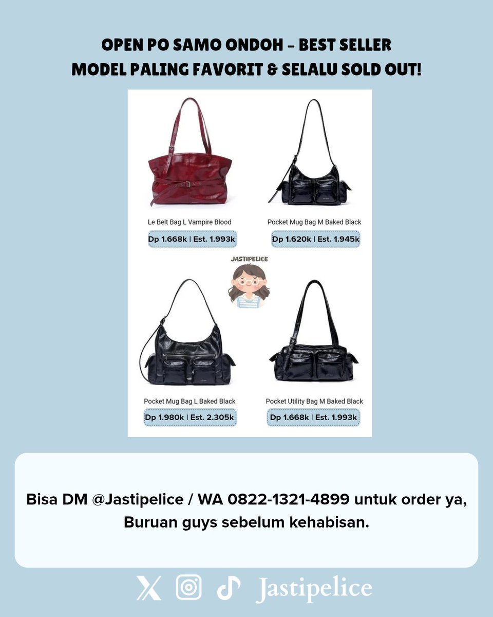 Jastipelice's tweet photo. [HELP RT INA GO 🇮🇩] 

OPEN PO SAMO ONDOH – BEST SELLER 🔥
Model favorit &amp; selalu sold out! 

💸 Price on pict
🗓️ Close PO : ~until sold out 

ORDER:
WA 0822-1321-4899 

OPEN PO GO WH INA KOREA KR INDO
🏷 wts want to sell samo ondoh kstyle kfashion tas korea tas viral jastip https://t.co/z4C1C3Zq5O