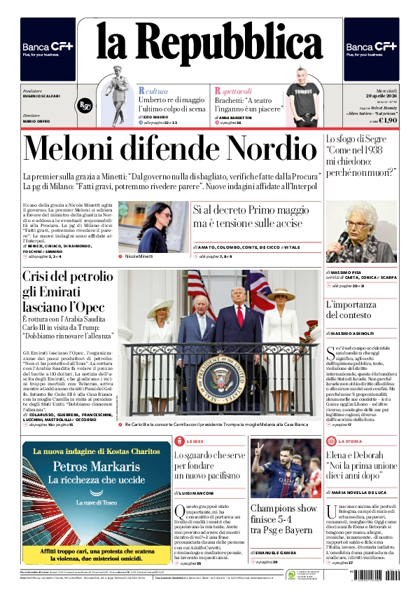 repubblica's tweet photo. La prima pagina di oggi #29april https://t.co/LZaZp2Gm1r 📰 https://t.co/Yg6KIbS1sp