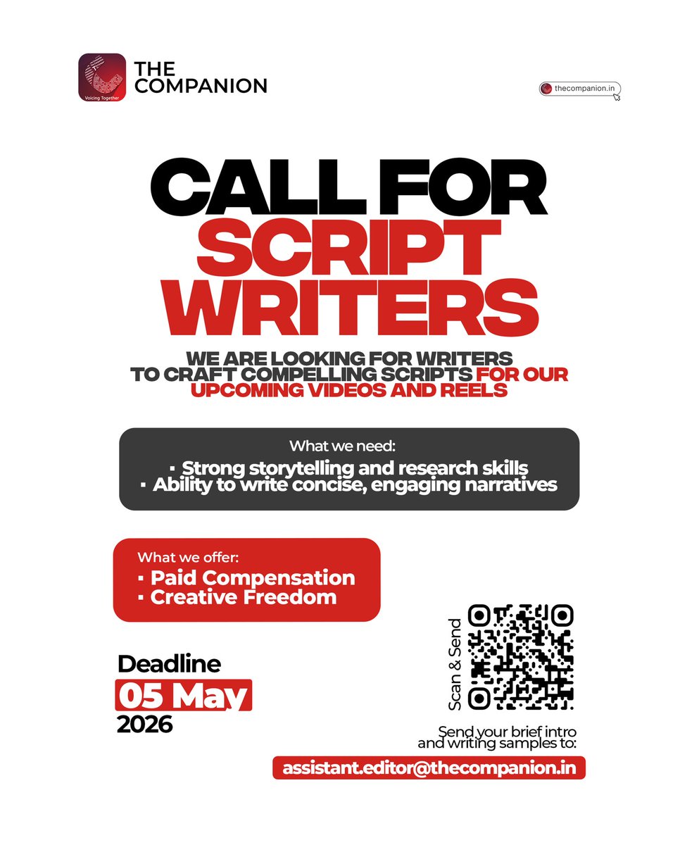 thecompanionn's tweet image. We are expanding our team. If you can craft well-researched, engaging scripts that hold an audience's attention, we want to hear from you.

Drop your intro and writing samples to the assistant.editor@thecompanion.in.

#scriptwriter #HiringWriters #Storytelling #ContentCreators