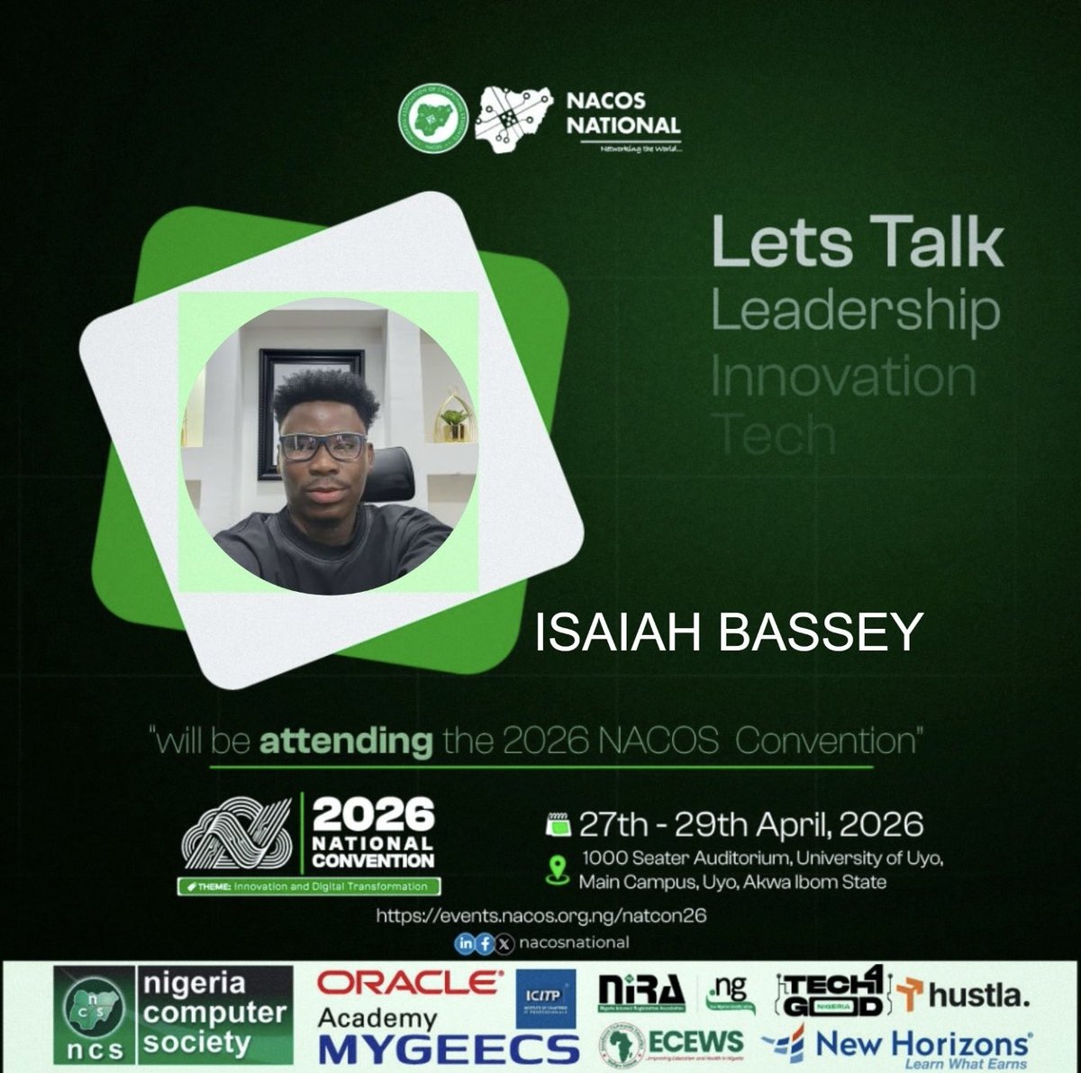 IsaiahBassey6's tweet photo. NACOS National Convention 2026 🎉

I’m Excited to be part of this amazing gathering of brilliant minds and innovators! I’ll be there live, connecting, learning, and sharing great moments.

Let’s make it memorable see you there! 🚀
#nacos #Nacosconvention https://t.co/EuvfMffFI4