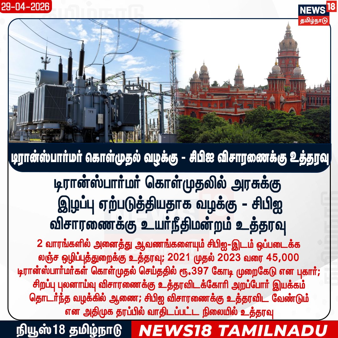 News18TamilNadu's tweet photo. #JUSTIN டிரான்ஸ்பார்மர் கொள்முதல் வழக்கு - சிபிஐ விசாரணைக்கு உத்தரவு
#Tranformer #CBI #ChennaiHighCourt #News18Tamilnadu | https://t.co/3v5L32pLWJ https://t.co/IdkCSTEkjb