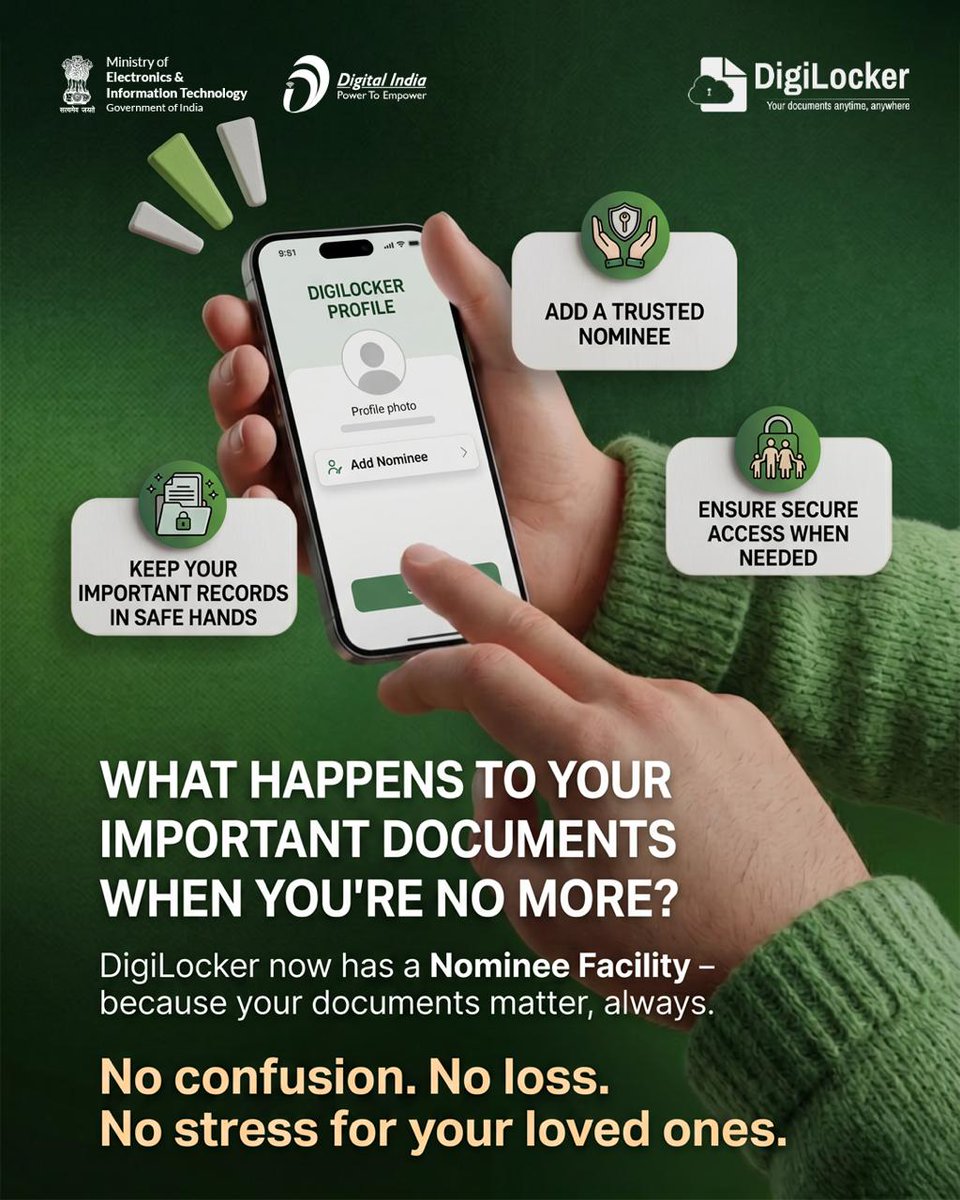 GoI_MeitY's tweet image. DigiLocker is not just about storing documents, it’s about planning ahead.

#DigiLocker #NomineeFacility #DigitalIndia @digilocker_ind