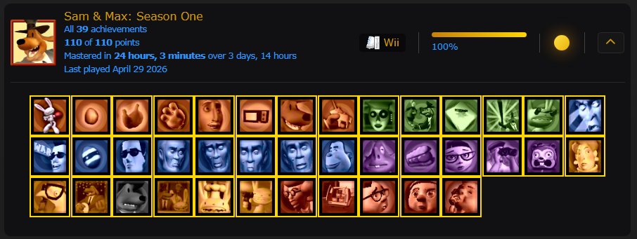 Dustellar's tweet image. 100% Sam &amp;amp; Max: Season One (Wii)

Not as good as the original, but still pretty solid, except a few parts that I didn't enjoy that much.

#RetroAchievements #RetroGaming #Wii