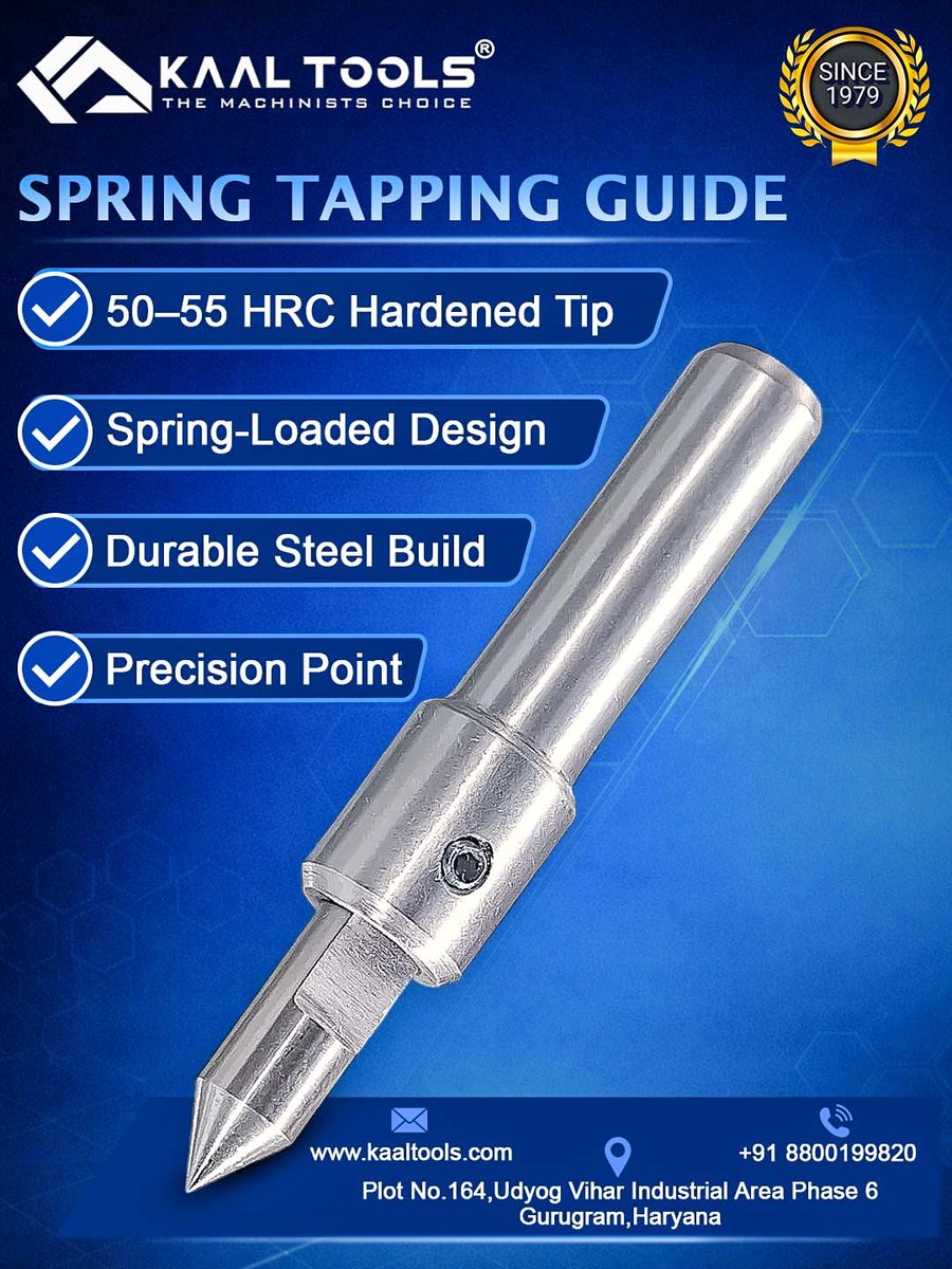 Kaaltools's tweet image. Spring Tapping Guide – Built for precision, durability &amp;amp; smooth tapping.
✔ 50–55 HRC Hardened Tip
✔ Spring Loaded Design
✔ Durable Steel Build
✔ Precision Point
#KaalTools #Machinist #MachiningTools #CNC #CNCmachining