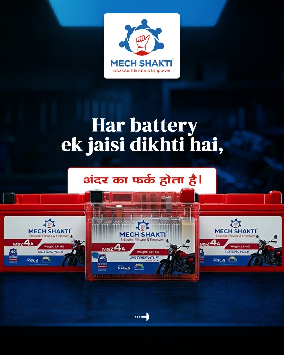 mechshakti1504's tweet image. Not every battery is the same — the real difference is inside. 🔋
Built for Indian roads, vibration-resistant &amp;amp; tested from 0°C–50°C.
Long life, low maintenance, reliable for years.

Swadeshi. Solid. Dependable.
Mech Shakti. 🇮🇳

#MechShakti #CarBattery #MakeInIndia