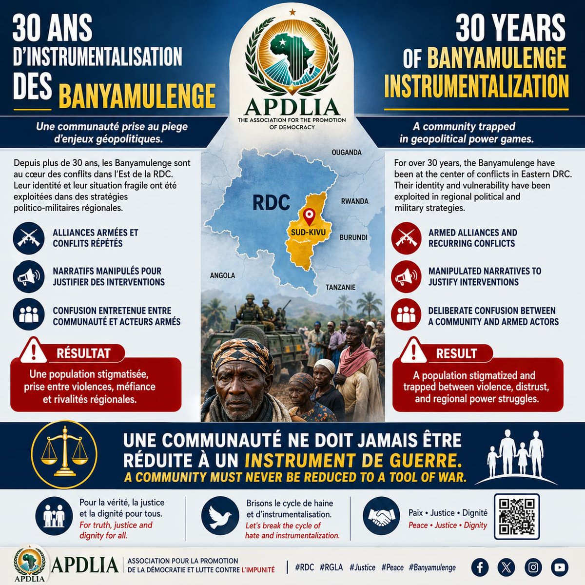 ApdliaA's tweet image. Depuis 30 ans, les #Banyamulenge sont pris au piège de conflits et de manipulations géopolitiques dans l’Est de la #RDC à cause du #Rwanda de #PaulKagame. Une communauté ne doit jamais être instrumentalisée. Justice, vérité et dignité pour tous ⚖️.

#RDC #RGLA #Justice #Peace