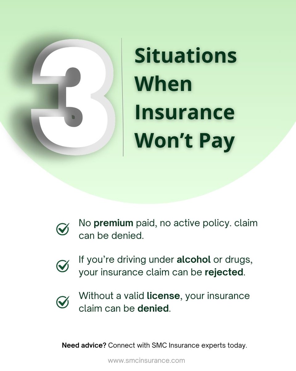 smc_insurance's tweet image. 3 times insurance won’t pay:

1️⃣ Intentional Damage 🔨 
2️⃣ Wear &amp;amp; Tear ⏳ 
3️⃣ Illegal Acts 🚔
Don't get caught off guard—read your fine print! 📖✨

#InsuranceTips #Finance #MoneyMatters