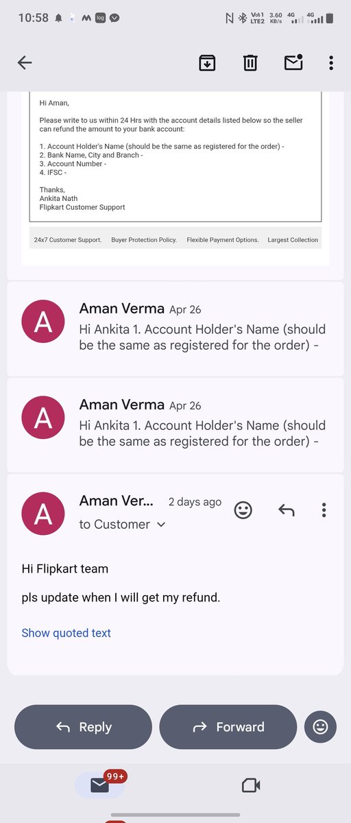 Amanbundeli's tweet photo. @Flipkart @flipkartsupport 
Flipkart team deny to respond on mail also from past 5 days they still discussion not any solution. https://t.co/zhJLh1hY1g