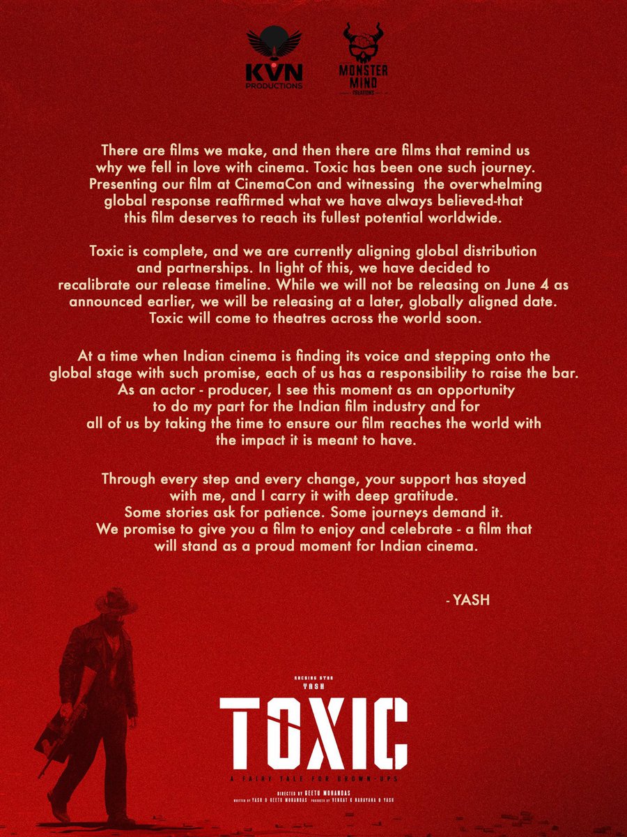 Its_CineHub's tweet photo. #Toxic is not arriving on June 4, and the reason is BIGGER than just a delay!

After an OVERWHELMING RESPONSE at CinemaCon, the makers are aiming for something beyond expectations… a truly GLOBAL cinematic spectacle 🔥

Tbh, some journeys demand patience, and seeing how #Yash has been working on this film, I feel this is going to be HISTORIC whenever it arrives✅