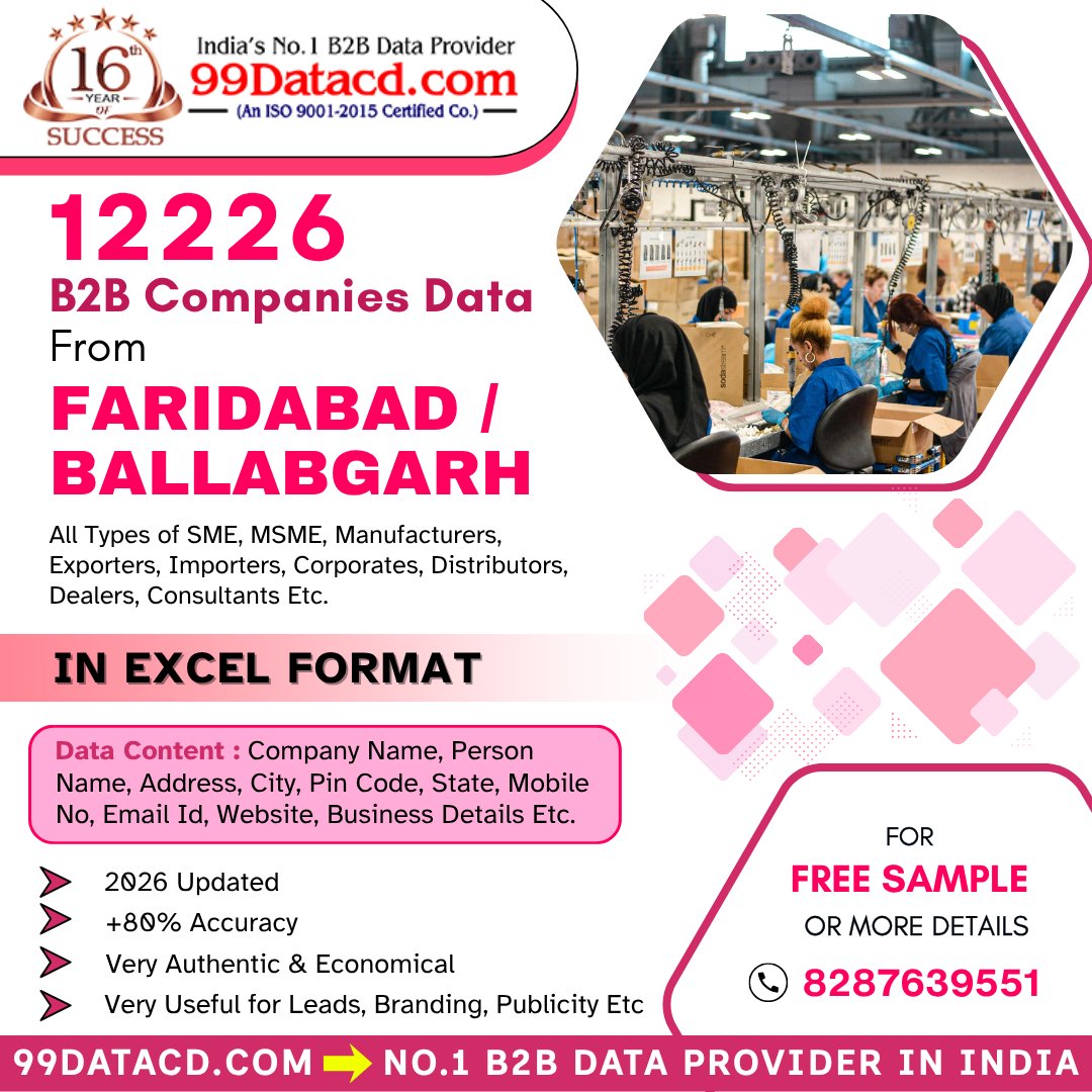 99DataCD's tweet photo. Get 12,226 Verified B2B Companies Data from Faridabad &amp; Ballabgarh!

Looking to boost your sales pipeline and connect with real decision-makers?
📞 Get your FREE SAMPLE today!
Call/WhatsApp: 8287639551

💼 Start reaching the right clients — faster &amp; smarter.

#B2BLeads #Business https://t.co/p5cV2Jmjrs