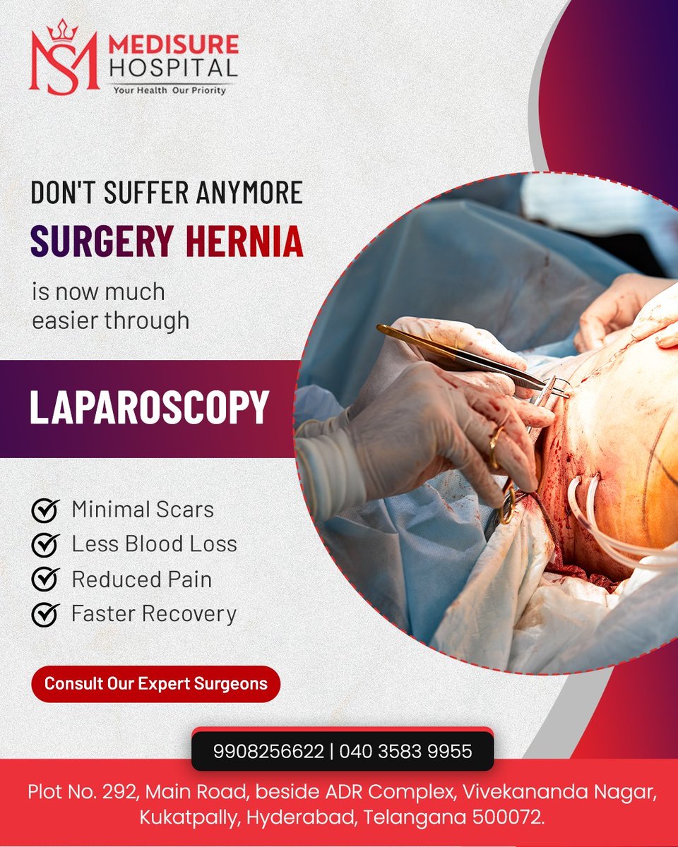 MedisureHosp's tweet image. Looking for relief from hernia discomfort?

Laparoscopic surgery offers faster recovery &amp;amp; minimal scars.

📍 Medisure Hospital, Kukatpally
📞 9908256622
🌐 medisurehospital.com
#Hernia #Hyderabad