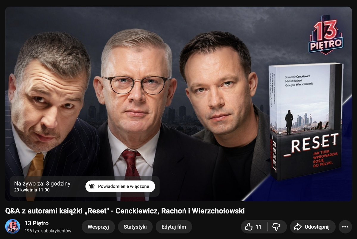 michalrachon's tweet image. Książka #Reset. Dzisiaj Q&amp;amp;A przy podpisywaniu książek z @Cenckiewicz @GWierzcholowski @13Pietro_ 

Zaczynamy o godzinie 11.00

Już teraz zapraszam. Link: youtube.com/watch?v=gn0oue…