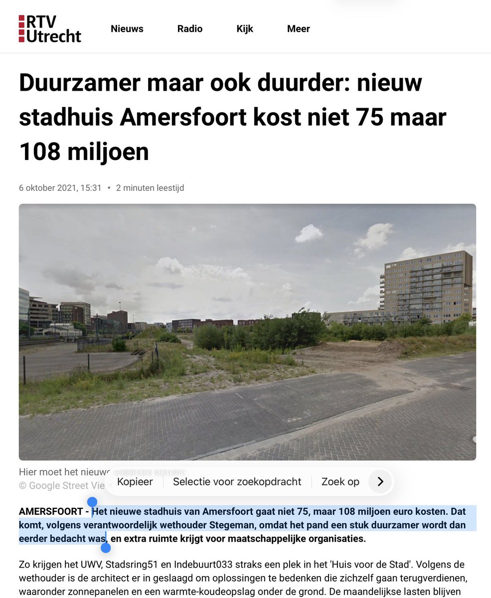 egversteeg's tweet photo. En dat ‘netbewust bouwen’ voor 43 miljoen extra is dus reeds bedacht in 2021. 

Want toen was het: “Het nieuwe stadhuis van Amersfoort gaat niet 75, maar 108 miljoen (inmiddels 118) euro kosten. Dat komt, volgens verantwoordelijk wethouder Stegeman, omdat het pand een stuk duurzamer wordt dan eerder bedacht was”